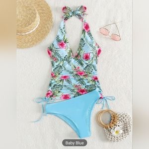 New 2 Piece Halter Top Bikini Bottom Bathing Suit Light Blue